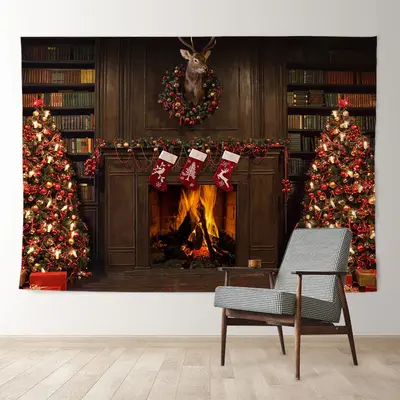 Aperturee Christmas Wreath With Trees Night Holiday Backdrop