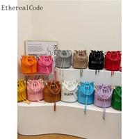 EtherealCode Women's Fashion Leather Handbag Solid Color Letter Print Crossbody Bag Drawstring Pleated Bucket Bag Ladies Purs...