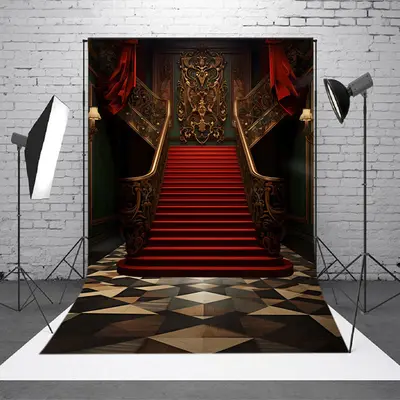 Antique Red Stairs Curtain Indoor Photoshoot Backdrop - Aperturee