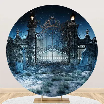 Night Dilapidated Old Door Round Halloween Backdrop