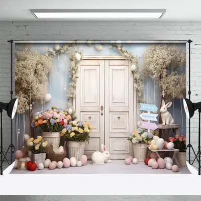White Wooden Door Floral Bunnies Easter Backdrop - Aperturee