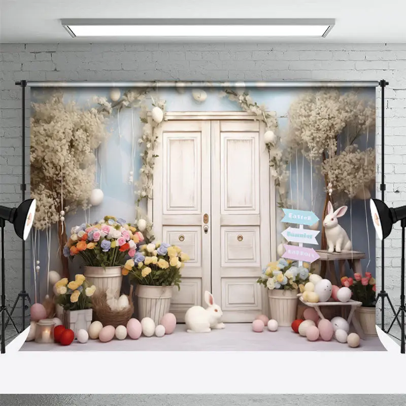 White Wooden Door Floral Bunnies Easter Backdrop - Aperturee