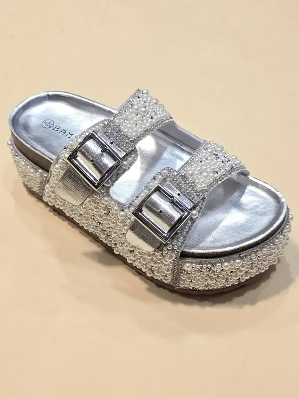Women's Buckle Platform Sandal Faux Pearl Embellishments Rhinestones - Practical Fashion Summer Platforms Trending Fashion Rh...