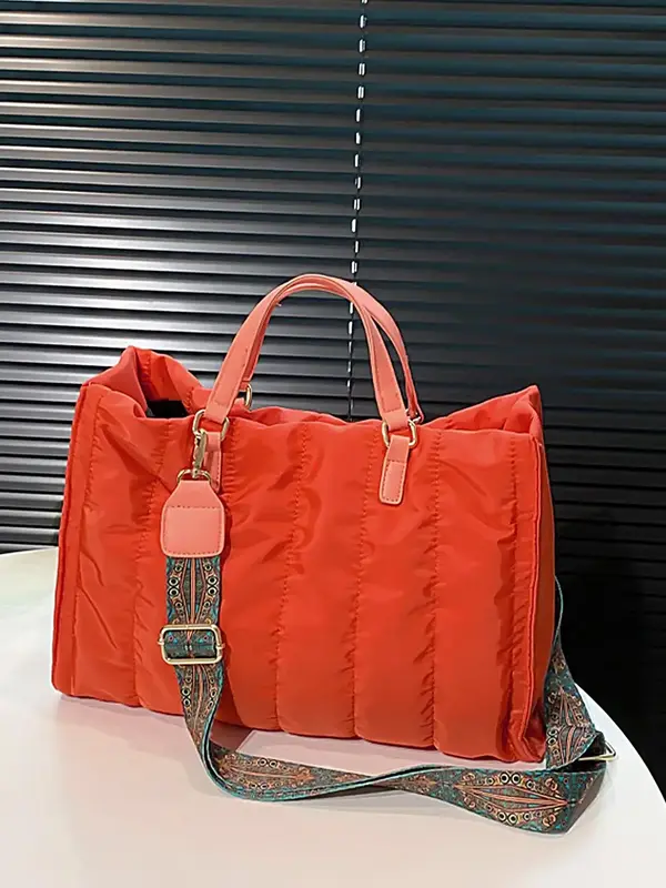Women's Simple Style Plain Color Puffer Quilted Tote Bag, Casual Trendy Versatile High-quality Daily Commuting Bag