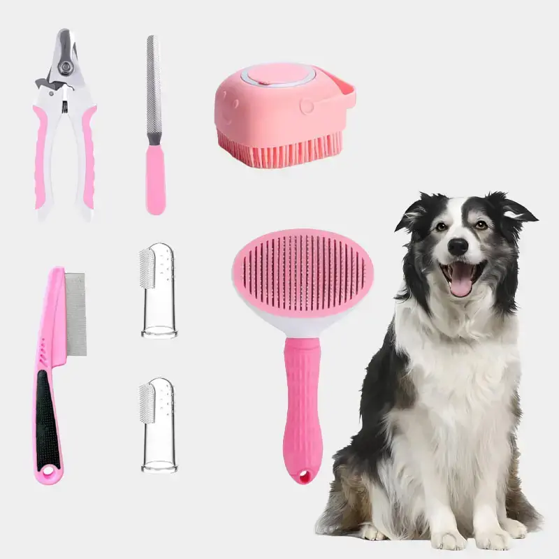 7 Piece Dog & Cat Brush Grooming Set,Self Cleaning Nail Rake Brush,Pet Nail Clipper & File,Flea Comb,Pet Shampoo & Bath Brush...