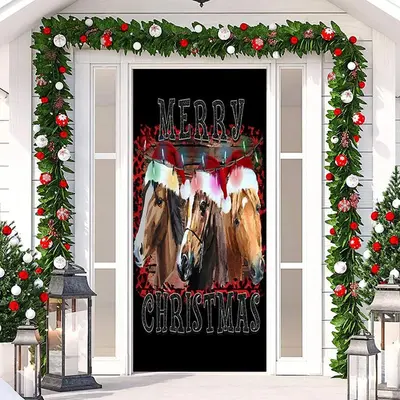 Brown Horse Black Simple Merry Christmas Door Cover - Aperturee