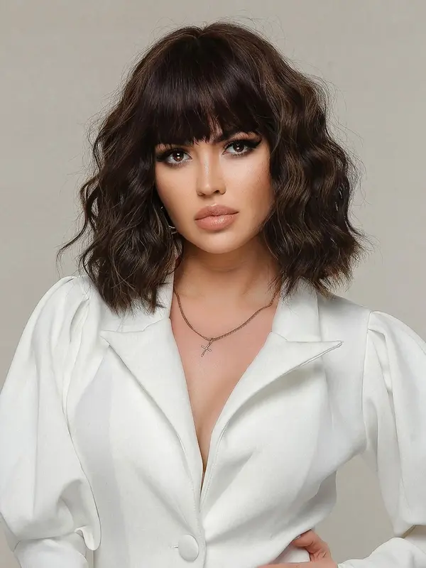 14 Inch Purple Short Curly Wigs For Women, Gorgeous Fluffy Wigs With Bangs, Synthetic Full Machine Wigs For Party, Daily Use