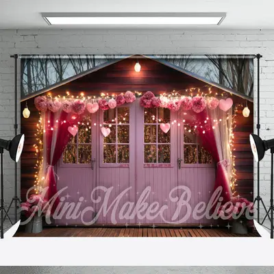 Pink Wood House Flower Light Valentines Day Backdrop - Aperturee