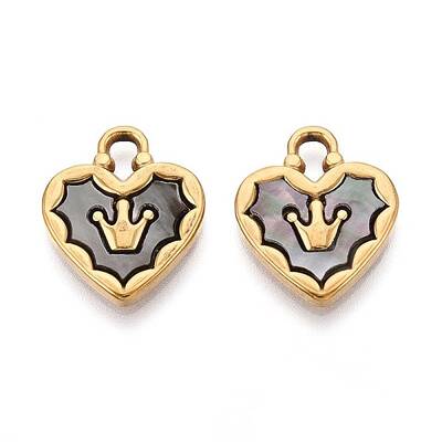 304 Stainless Steel Pave Natural Black Lip Shell Crown Heart Pendants