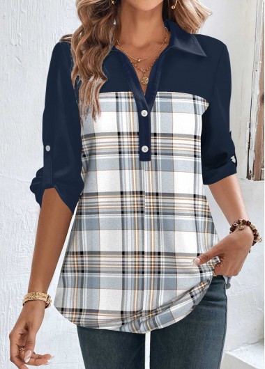 Modlily Blue Patchwork Plaid Half Sleeve Shirt Collar Blouse - XL