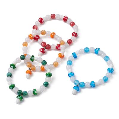 Lampwork Beaded Stretch Bracelet with Resin Mushroom Charms