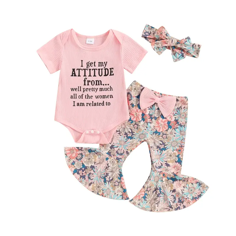 Baby Girls Summer 3PCS Sets Short Sleeve Romper Tops Floral Print Flared Pants Headband Sets Infant Outfit
