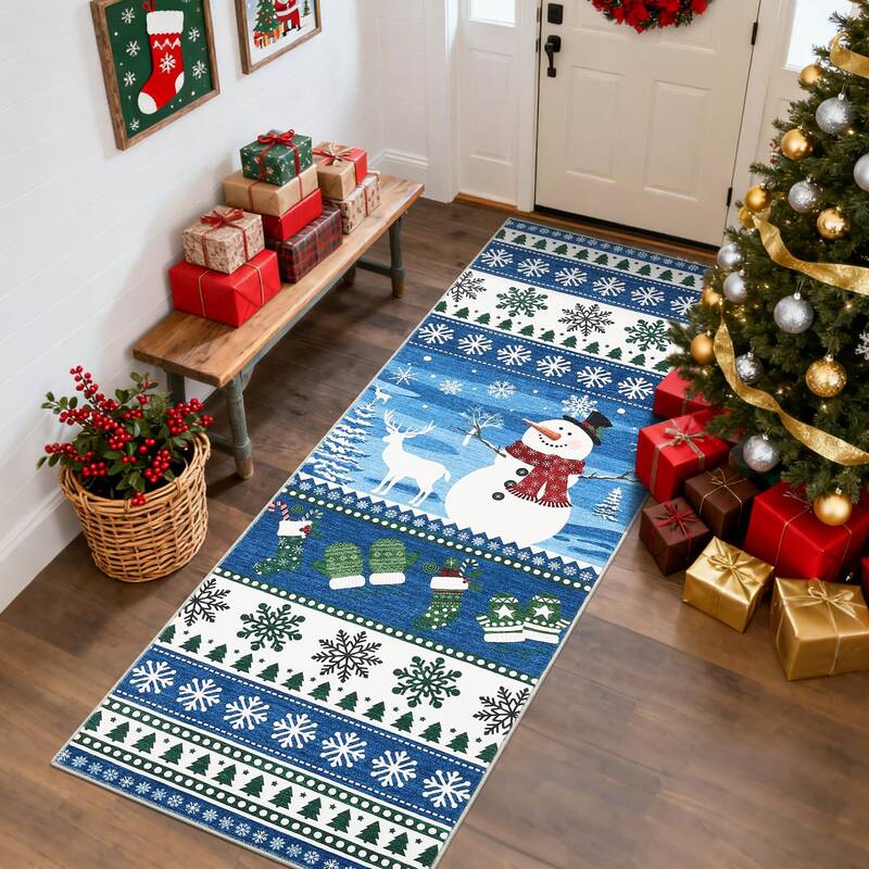 Garvee Christmas Runner Rug 2x6 Non Slip Washable Polyester Fiber Holiday Santa Reindeer Low Pile Foldable for Hallway Kitche...