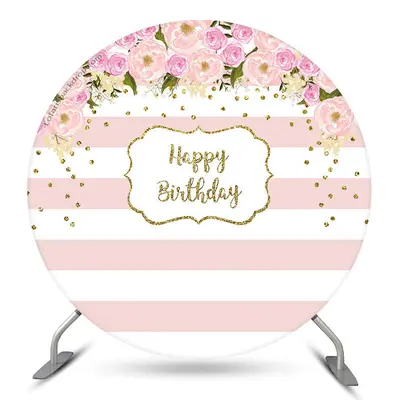 Aperturee Flower Pink Stripes Happy Birthday Round Backdrop | Round Backdrop Cover Diy | Circle Birthday Backdrop Cover | Cir...