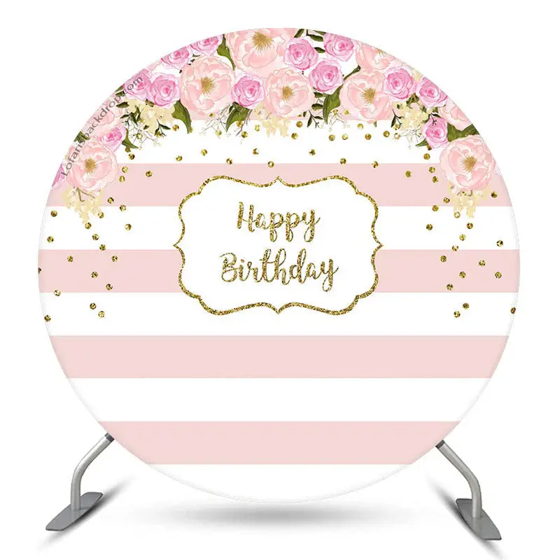 Aperturee Flower Pink Stripes Happy Birthday Round Backdrop | Round Backdrop Cover Diy | Circle Birthday Backdrop Cover | Cir...