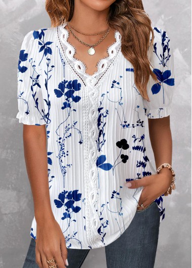 Modlily Dark Blue Embroidery Floral Print Short Sleeve Blouse - M