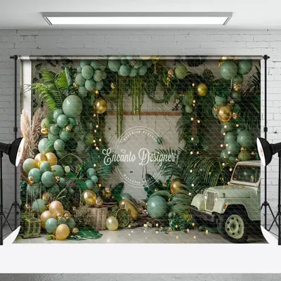 Palm Leaves Green Balloons Car Cake Smash Backdrop - Aperturee