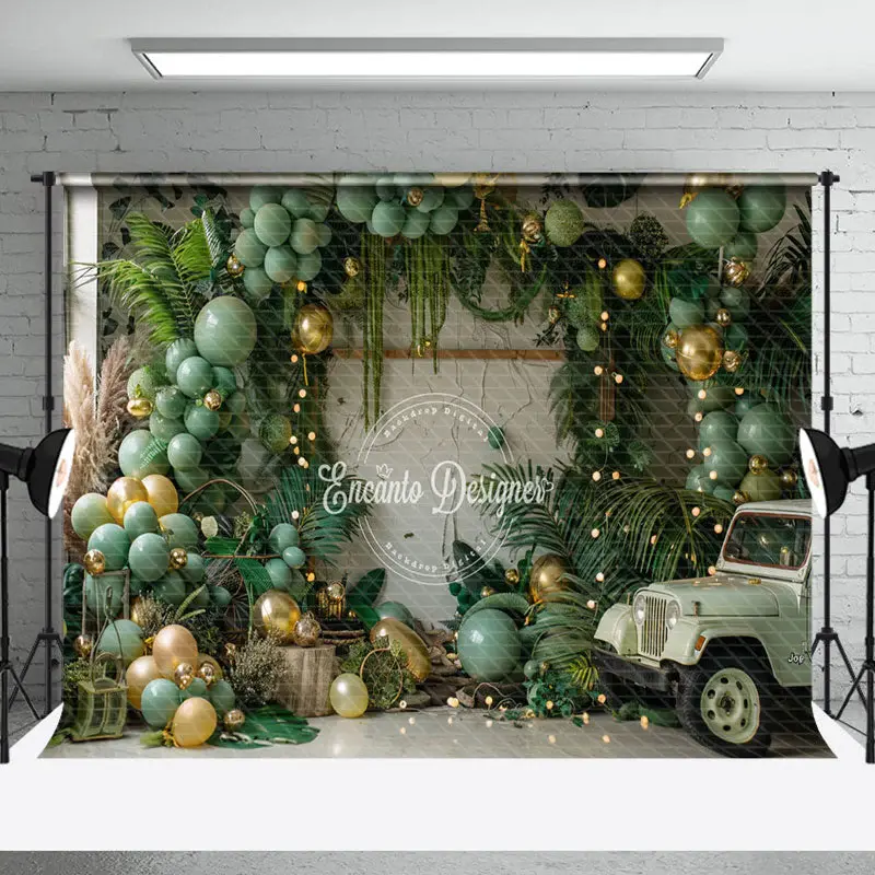 Palm Leaves Green Balloons Car Cake Smash Backdrop - Aperturee