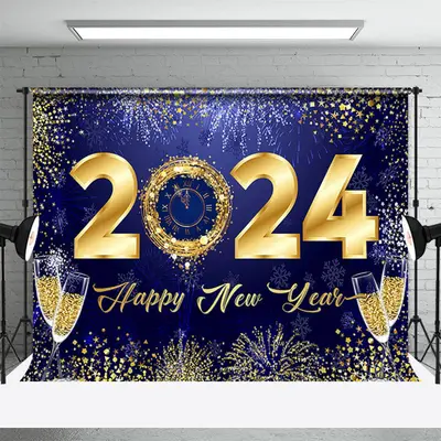 Aperturee Dark Blue Golden Champagne Happy New Year Backdrop