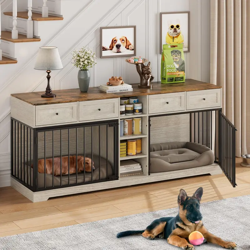 Garvee 82 Large Dog Crate for 2 Dogs, Dog Kennel Indoor with 4 Drawers and Shelves, Heavy Duty Double Dog Crate Furniture TV...