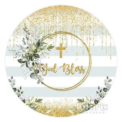 Aperturee Gold Lines And Green Leaves Round God Bless Backdrop | Round Backdrop Fabric Cover | Round Backdrop Cover Diy | Rou...