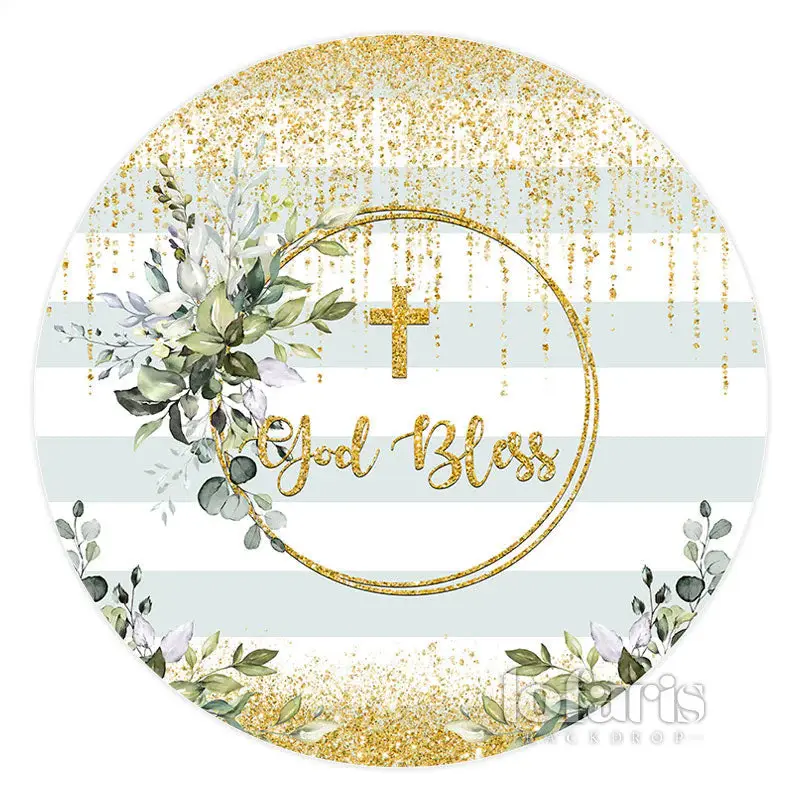 Aperturee Gold Lines And Green Leaves Round God Bless Backdrop | Round Backdrop Fabric Cover | Round Backdrop Cover Diy | Rou...