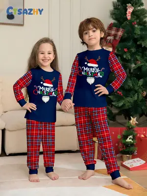 Christmas Pajama Set, 2pcs Casual Home Wear, Fitted Style, Thin Fabric, All Season Comfortable Sleepwear for Kids