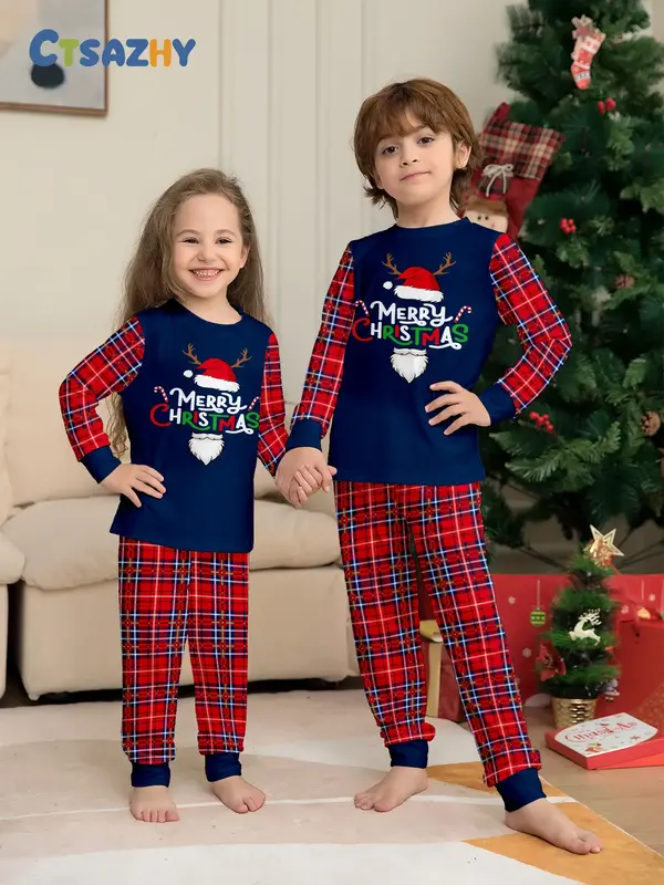 Christmas Pajama Set, 2pcs Casual Home Wear, Fitted Style, Thin Fabric, All Season Comfortable Sleepwear for Kids