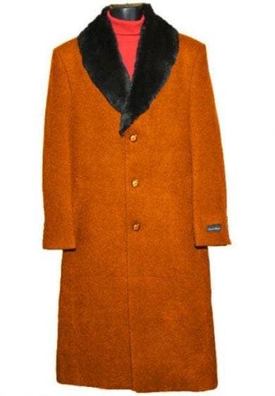 Moscow: MEN'S FUR COLLAR RUST 3 BUTTON SINGLE BREASTED WOOL FULL LENGTH OVERCOAT