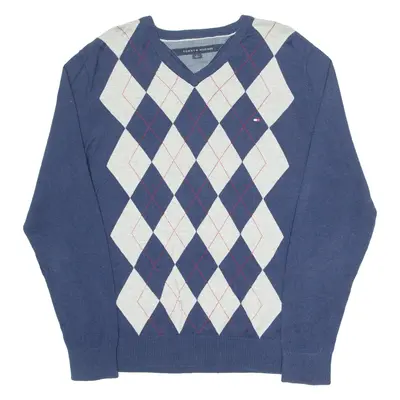 TOMMY HILFIGER Mens Patterned Jumper Blue Argyle V-Neck Tight Knit M