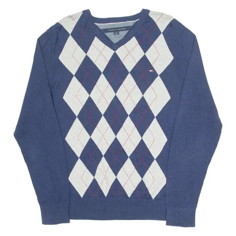 TOMMY HILFIGER Mens Patterned Jumper Blue Argyle V-Neck Tight Knit M