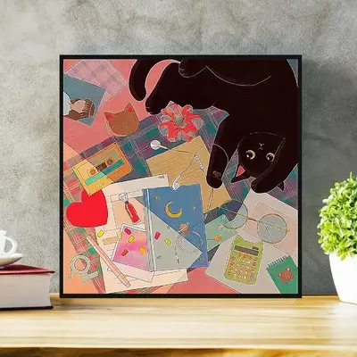 Cat & Moon Pattern Artificial Diamond Art Colorful Painting Without Frame, DIY Craft Project, Creative Home Decoration