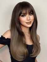 26 Inch Brown Long Straight Wigs For Women, Gorgeous Fluffy Wigs With Bangs, Synthetic Full Machine Wigs Hairstyles For Party...