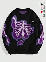Men's Skeleton Print Drop Shoulder Sweater, Loose Casual Long Sleeve Round Neck Jumper for Fall & Winter, Fashion Men's Knitw...