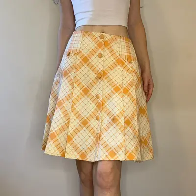 Checked Unbranded Mini Pleated Skirt - 25W UK 6 Orange Cotton Blend