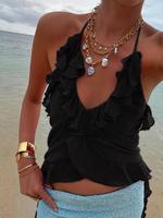 Women's Plain   Ruffle Trim Halter Neck Top, Casual   Backless Top for Summer, Ladies Clothes for Beach Holiday Vacation, Wom...