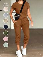 Two-piece Set Women's Solid Color Crewneck Shortsleeve Tee & Drawstring Waist Pants, Casual Fitted Round Neck T-shirt & Pocke...