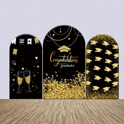 Caps Black Gold Glitter Graduation Arch Backdrop Kit - Aperturee