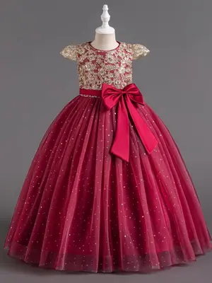 Girl's Contrast Sequin Floral Pattern Big Bow Decor Tulle Dress, Elegant Puff Sleeve Round Neck Zipper Back A Line Dress for ...