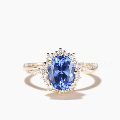 Twisted Engagement Ring 1.5CT Oval Cut Natural Tanzanite Diamond Halo Ring
