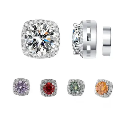 S925 Magnetic Multicolor Moissanite Square Halo Stud Earrings for Men Women, 0.5/1ct Round Cut, Inlaid Magnetic Earrings Non...