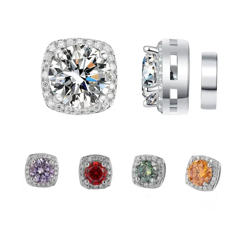 S925 Magnetic Multicolor Moissanite Square Halo Stud Earrings for Men Women,  0.5/1ct Round Cut, Inlaid Magnetic Earrings Non...