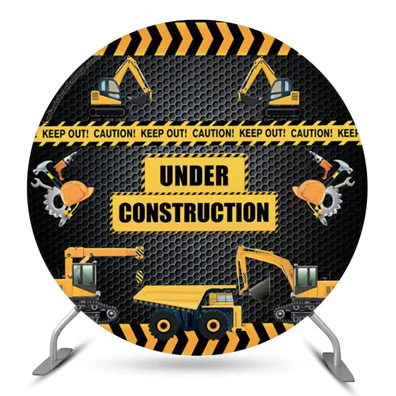 Aperturee Under Construction Excavator Round Birthday Backdrop | Round Backdrop Cover Diy | Round Backdrop Fabric Cover | Rou...