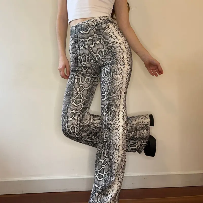 Animal Print Unbranded Flared Trousers - 24W UK 6 Grey Cotton Blend