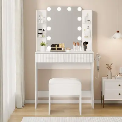 Garvee Makeup Vanity with Mirror and LED Lights, Vanity Desk with Power Outlet, 2 Drawers 6 Shelves, Hair Dryer Rack & Stool,...