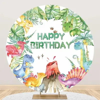 Monstera Colorful Dinosaurs Round Birthday Backdrop - Aperturee