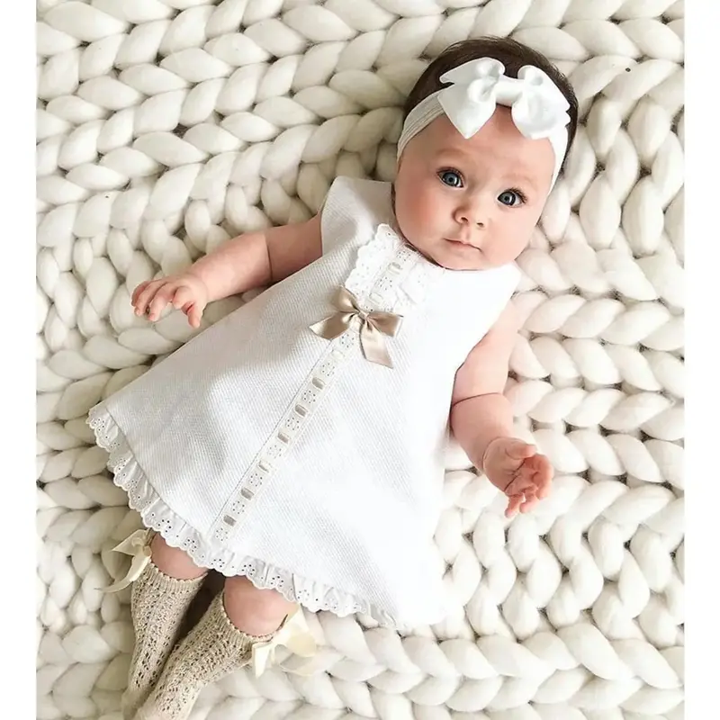 0-24M Newborn infant Toddler Baby Girls Summer Clothing Set, Sleeveless Lace Ruffle Princess Dress+Elastic Bowknot Headband