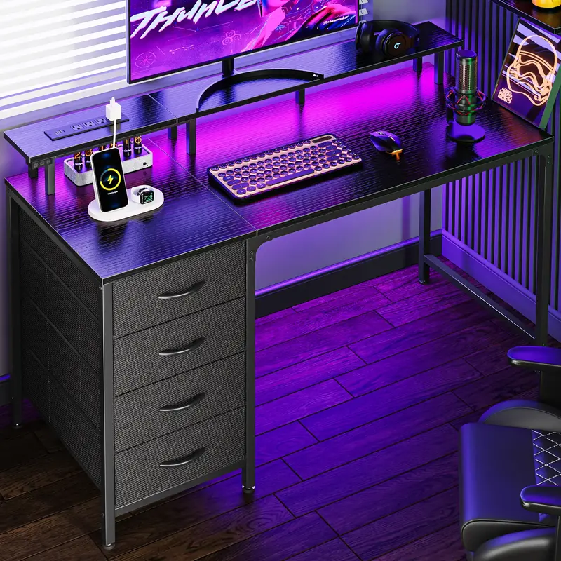 Huuger Computer Desk with Power Outlets and LED Lights, Gaming Desk with 4 Drawers, Office Desk with Monitor Stand, USB-C Por...