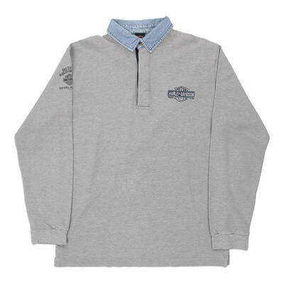 Harley Davidson Long Sleeve Polo Shirt - Large Grey Cotton