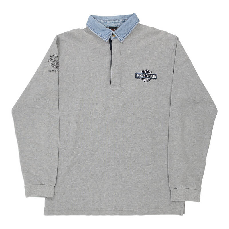 Harley Davidson Long Sleeve Polo Shirt - Large Grey Cotton
